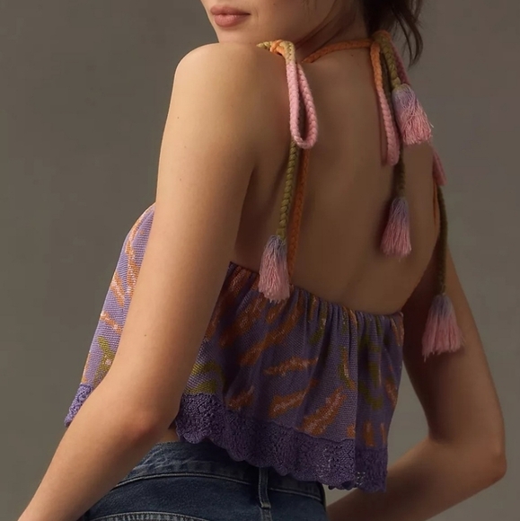 Anthropologie Flounce Knit Cropped Tassle Tank Top in Purple and Orange NWT - Picture 5 of 15